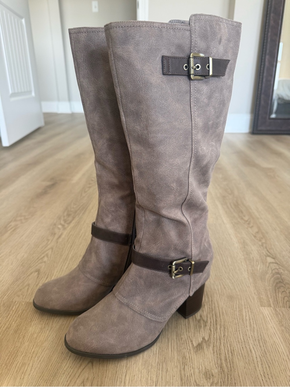 Fergalicious Connor Taupe Suede Knee High Buckle Moto Riding Boots Size 11